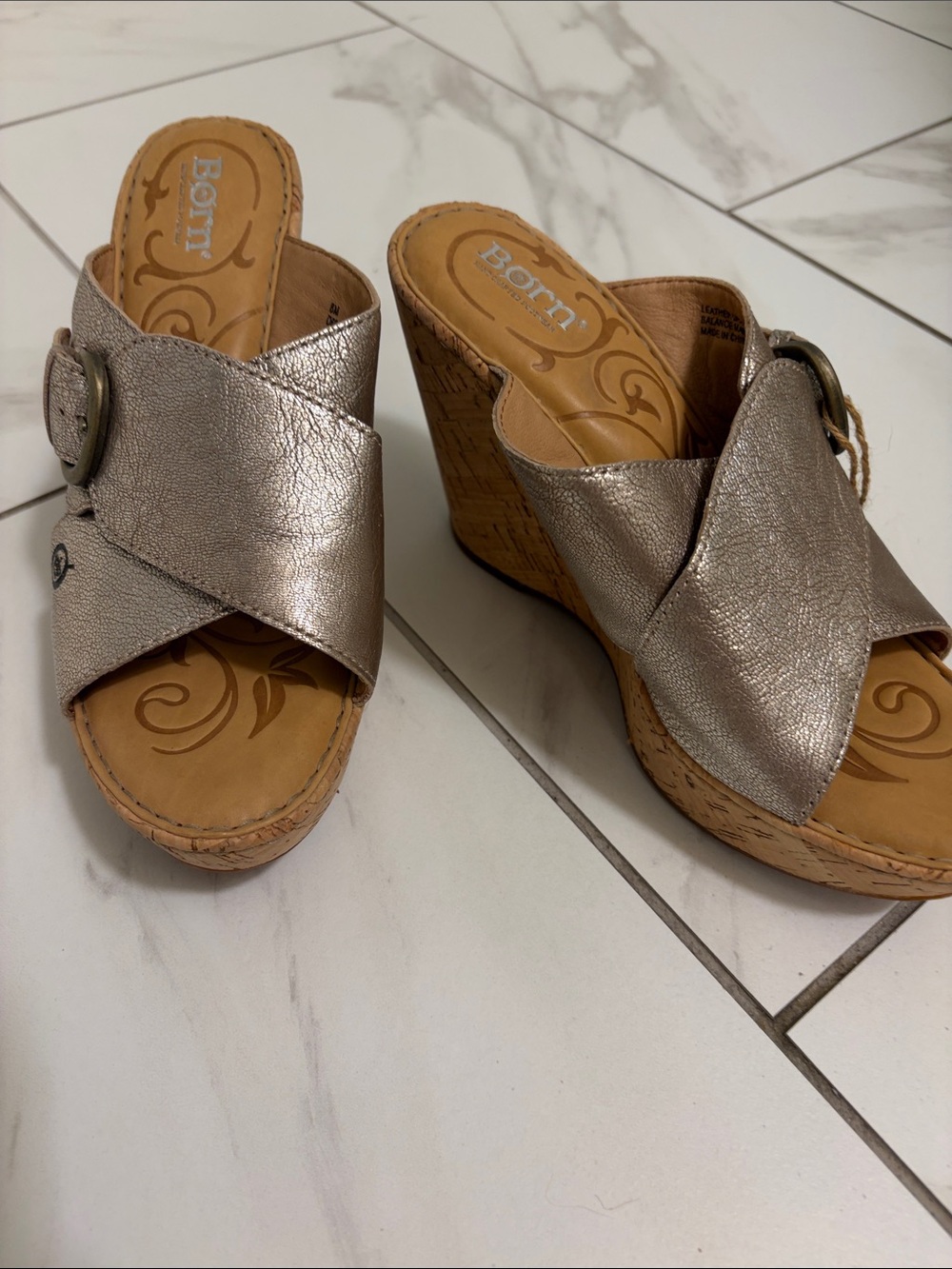 Born Metallic Taupe Cork Wedge Sandals with Buckle Detail